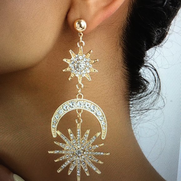 Larger Size Gold Tone Sun moon stars dangle earrings, bling bling Pierced - Picture 1 of 8